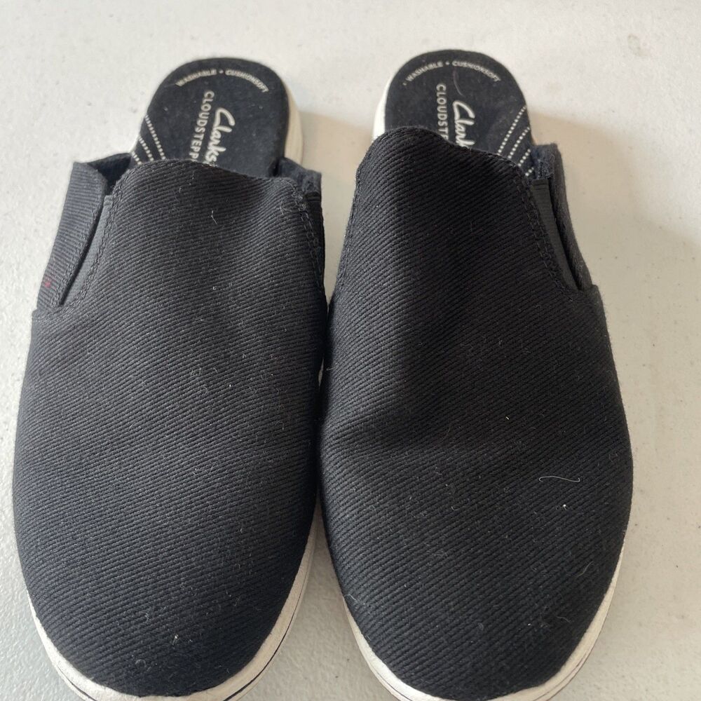 Clarks Cloudsteppers Breeze Shore Black Canvas Slip On Mule Shoes Size 8.5 M